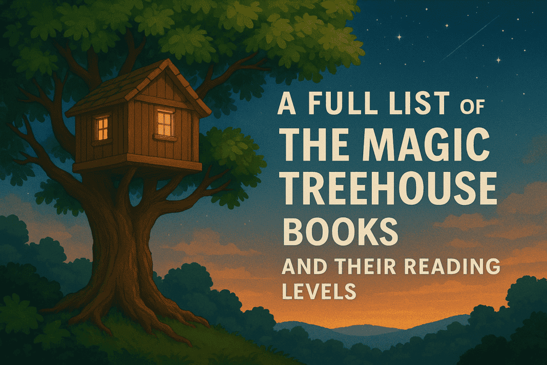 Illustrated treehouse nestled high in a large tree at twilight, with a warm glow from its windows and a scenic sunset sky in the background, alongside the title “A Full List of the Magic Treehouse Books and Their Reading Levels.”